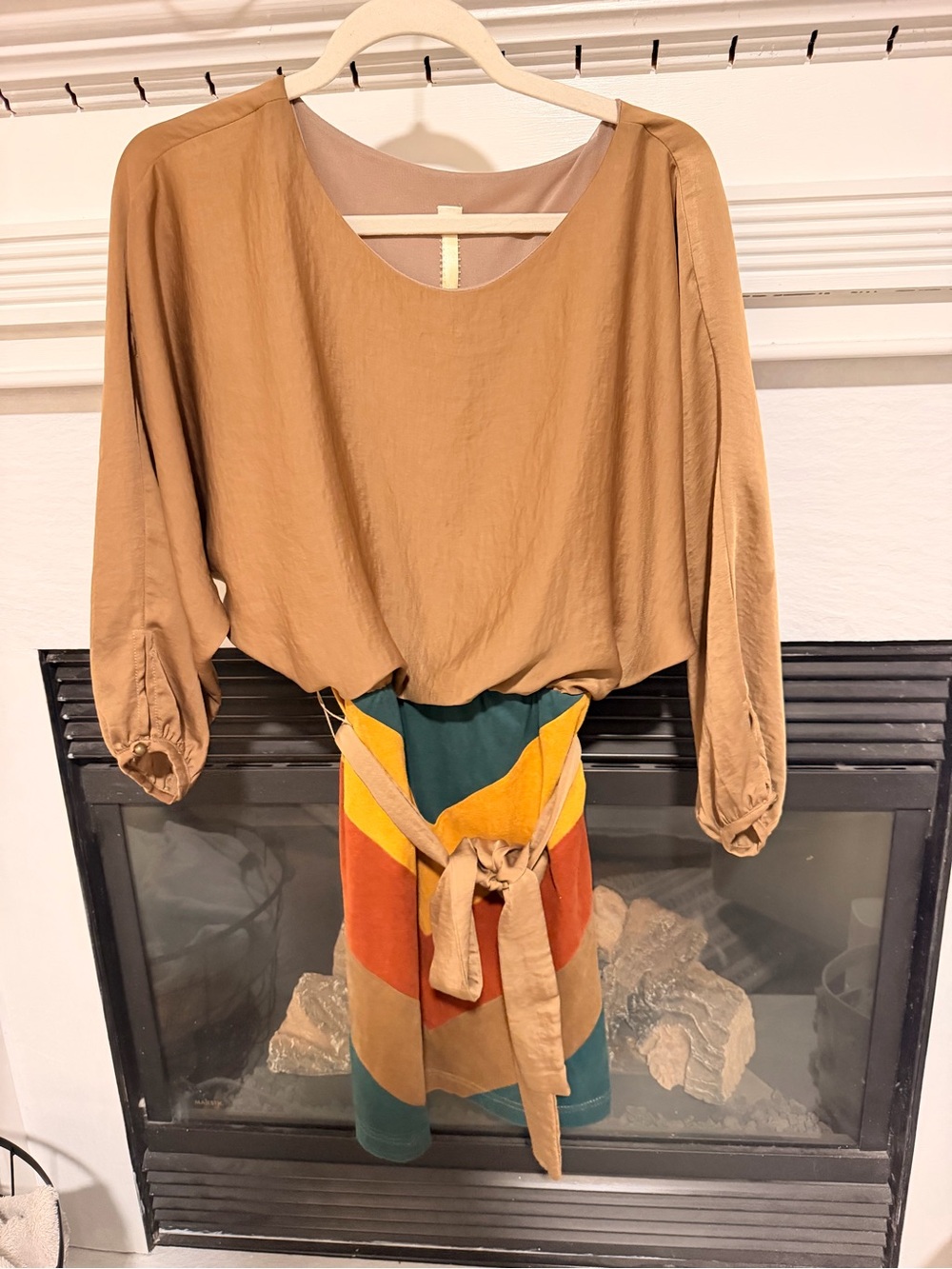 Uncle Frank Tan Mini Dress with Multicolor Tie-Waist